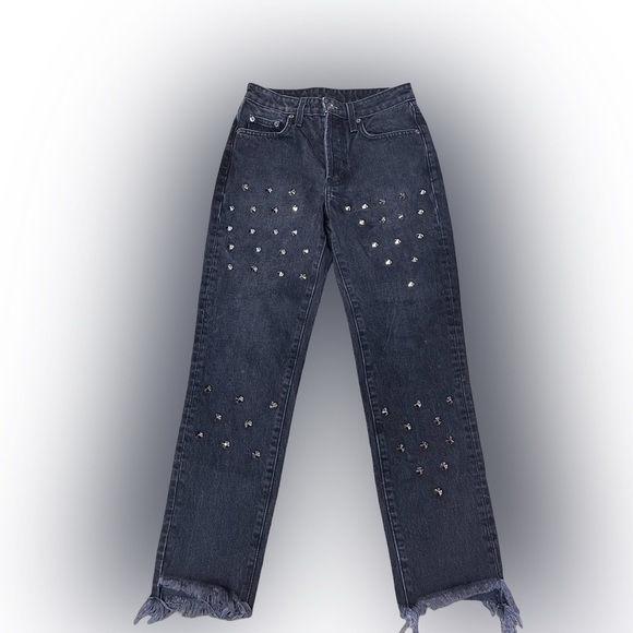 Carmar Emilia Sturgis Black Distressed Spike Studded Fray Hem Jeans size 23 - Picture 1 of 11